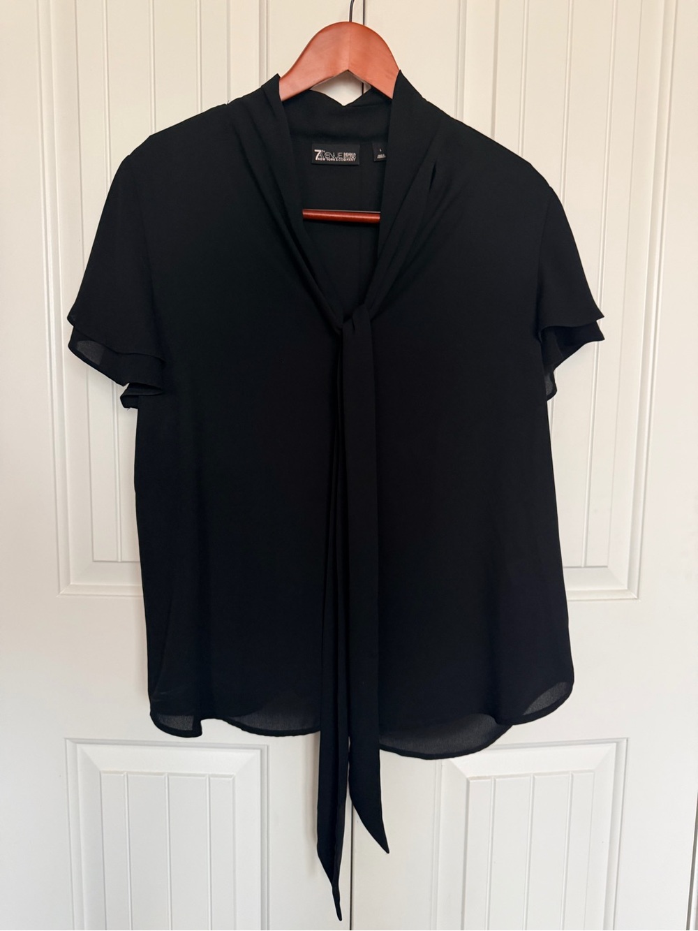 Zelie for She Black Tie-Neck Flutter Sleeve Blouse